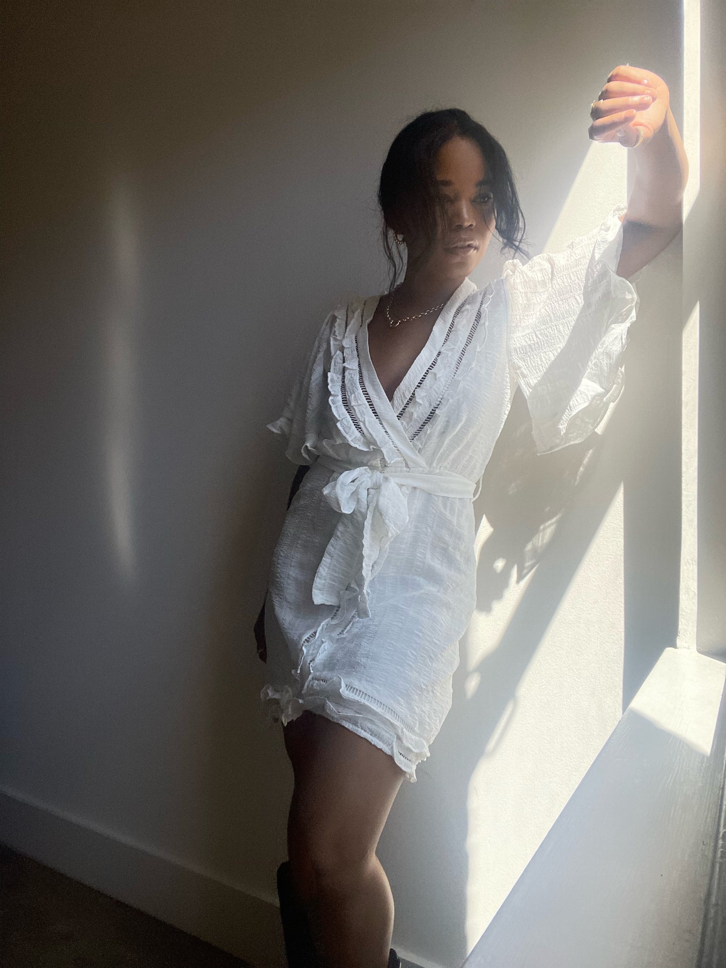 Demori Ruffle Hem Mini Dress In White