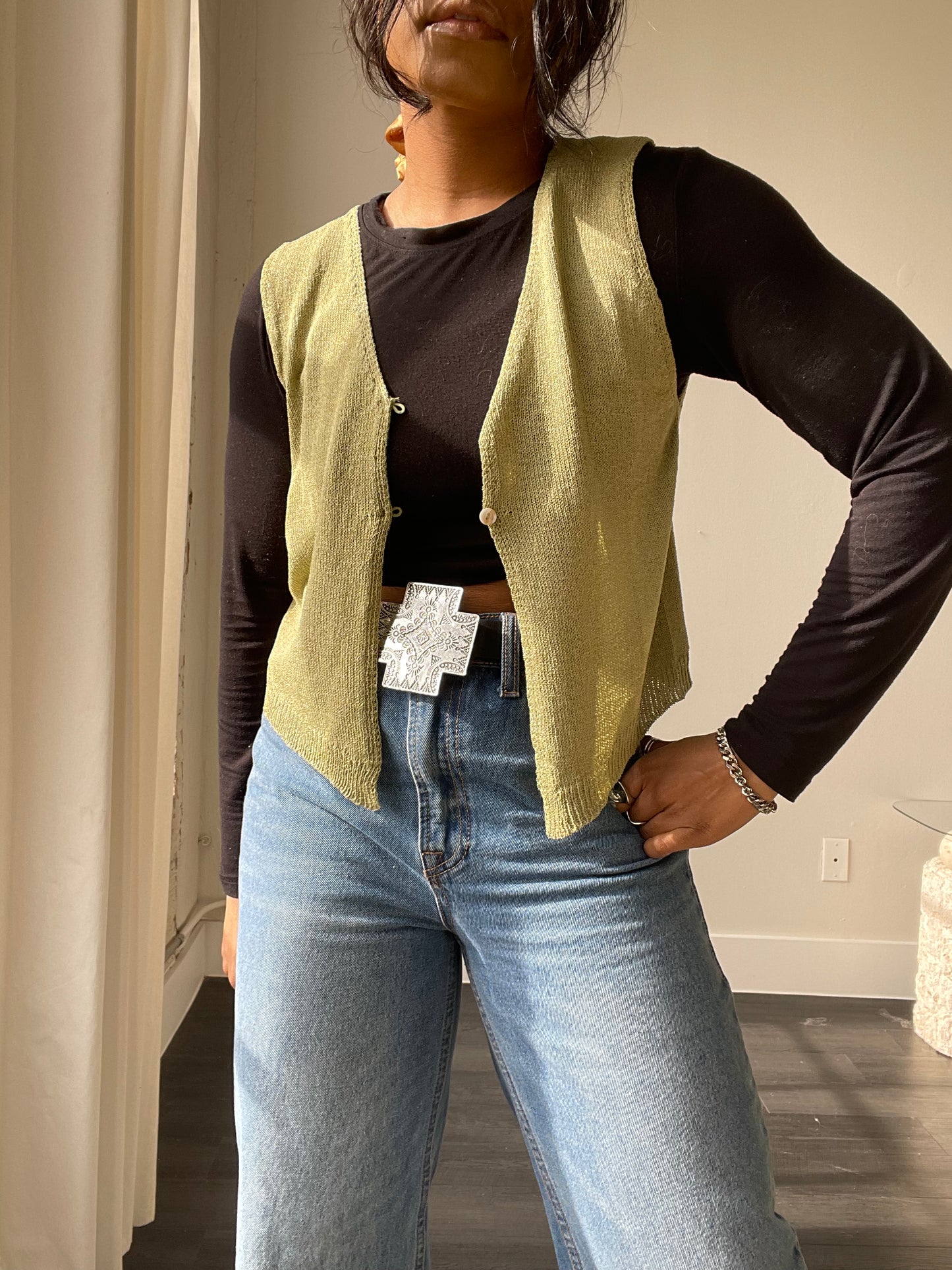 Jolene Button Front Knit Vest In Green