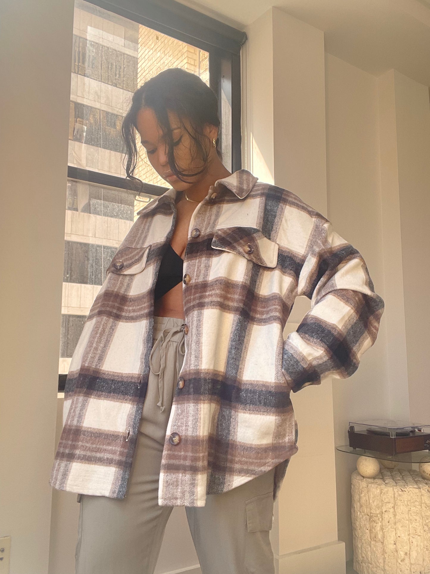 Paige Check Oversized Shacket In Ivory Brown