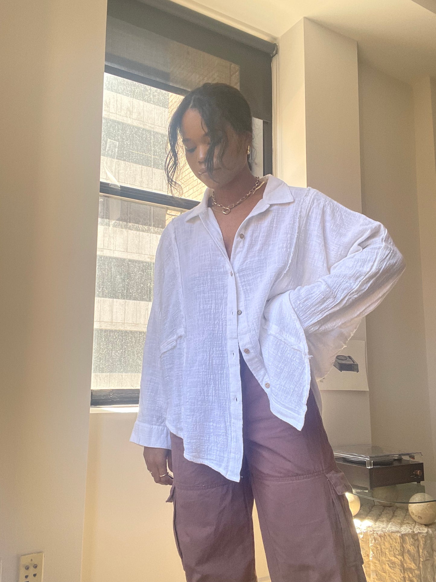Karl Cotton Distressed Button-Down In White