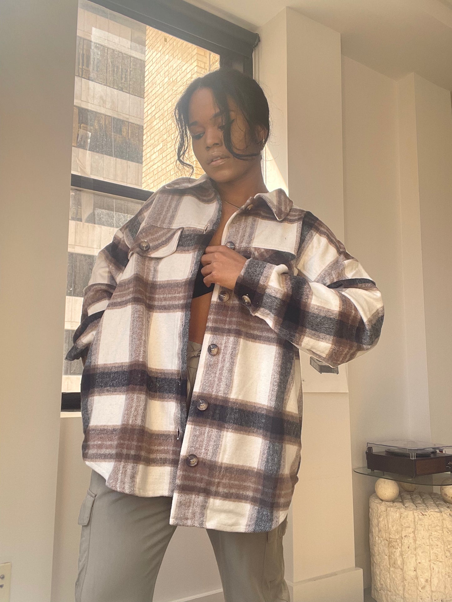 Paige Check Oversized Shacket In Ivory Brown