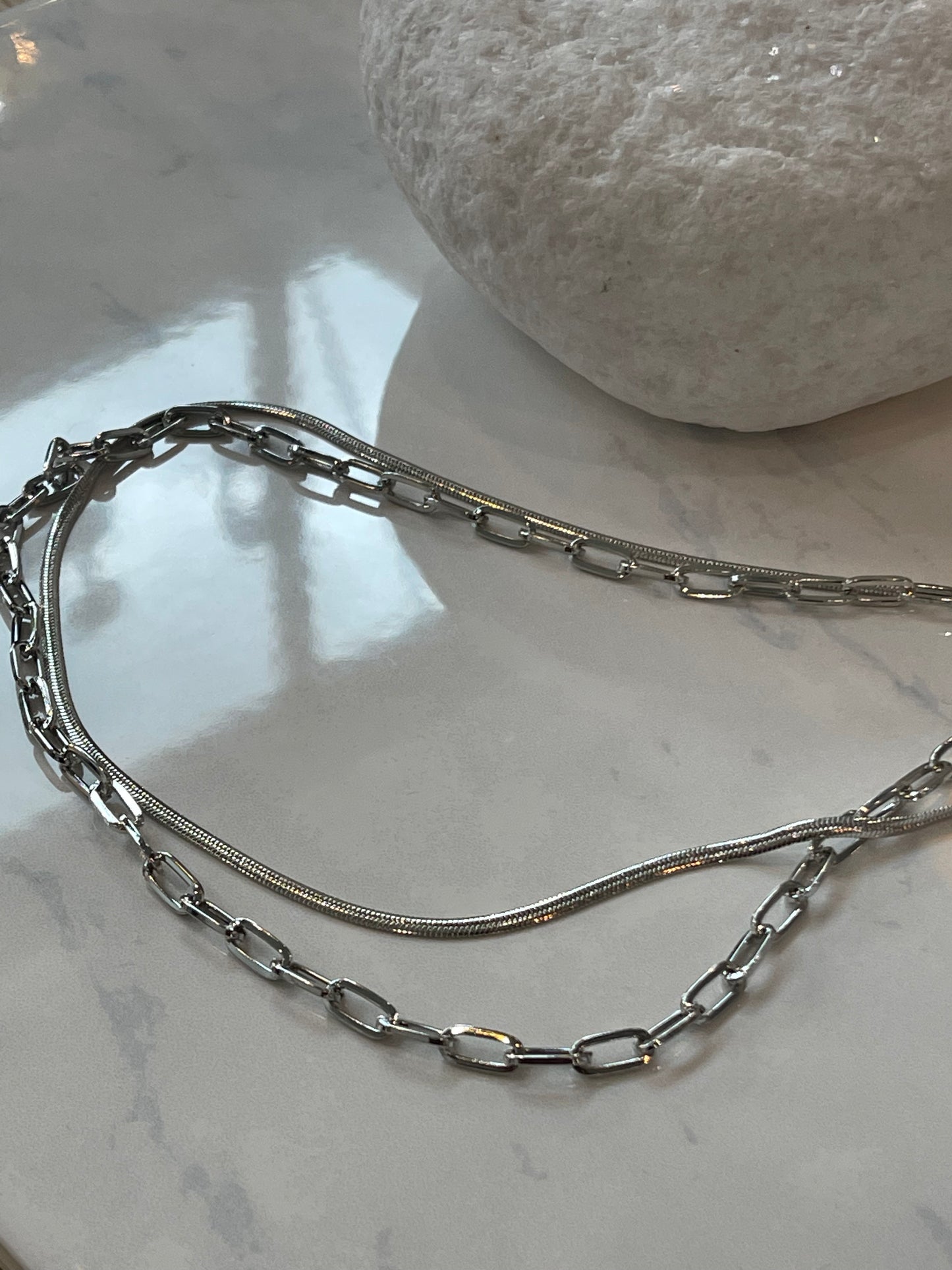 Sani Double Layered Snake & Link Chain Necklace In Silver