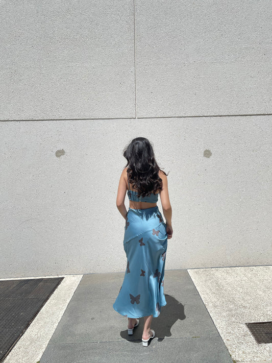 Bella Cut-Out Butterfly Split Maxi Dress In Blue