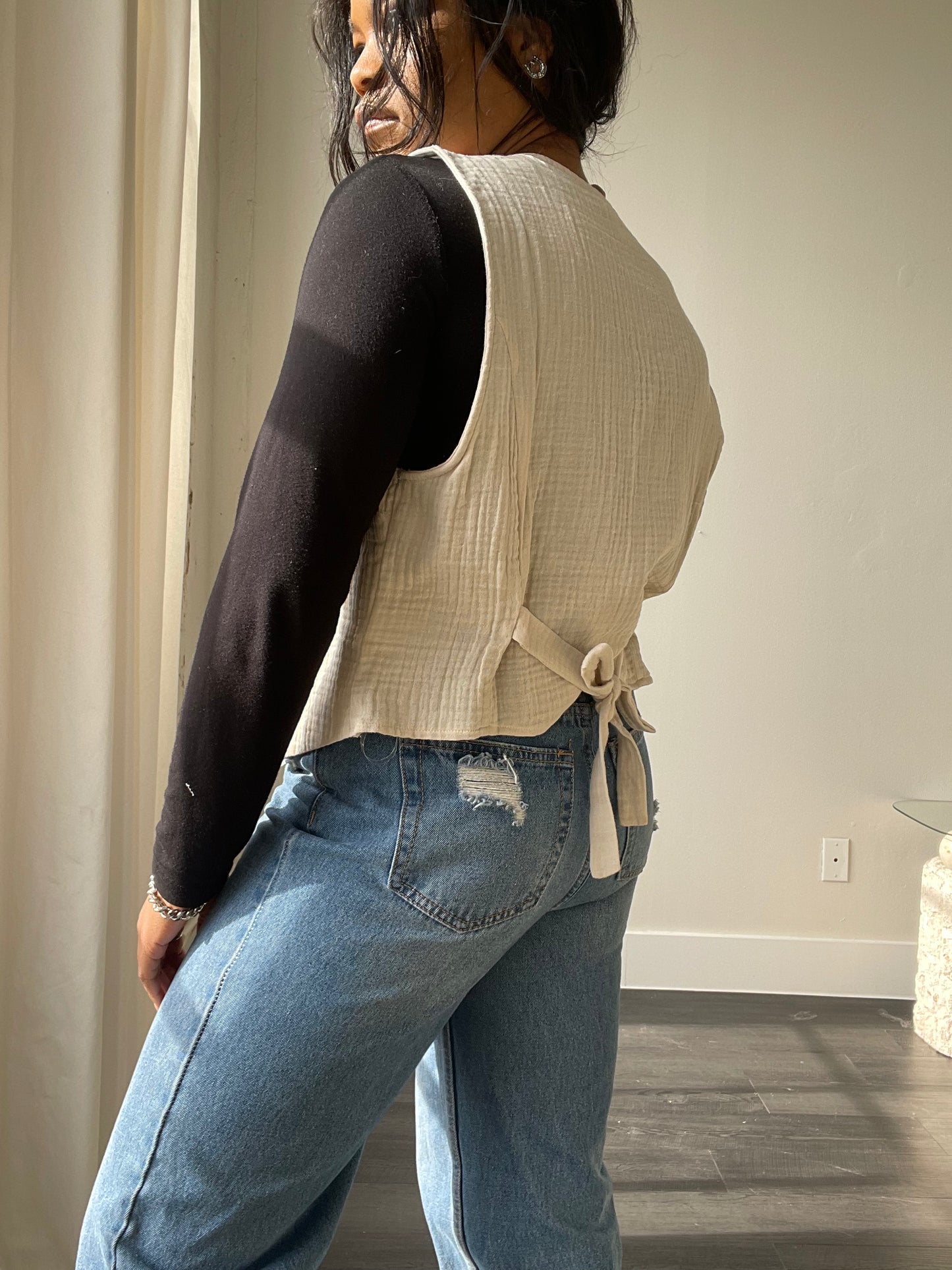 Monet Cotton Button Front Tie Back Vest In Sand