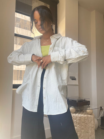 Karl Linen Oversized Striped Button-Down Top In Sage