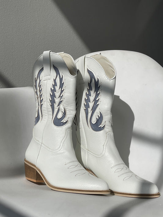 Wesley Classic Western Style Cowboy Boot In White Denim