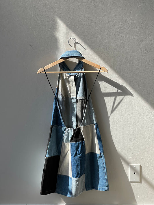 Susan 70s Styla Button Down Halter Patch Work Denim Mini Dress