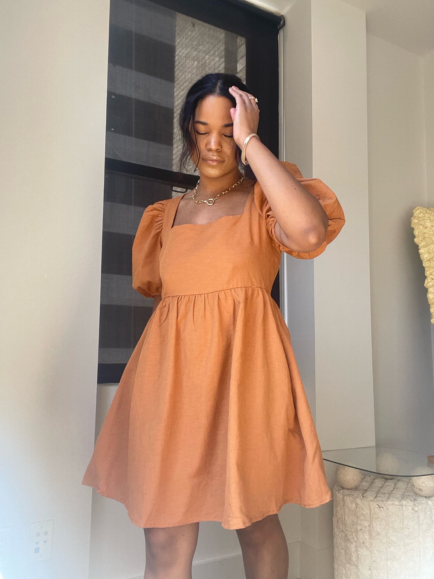 Elena A Line Square Neck Mini Dress In Caramel Brown
