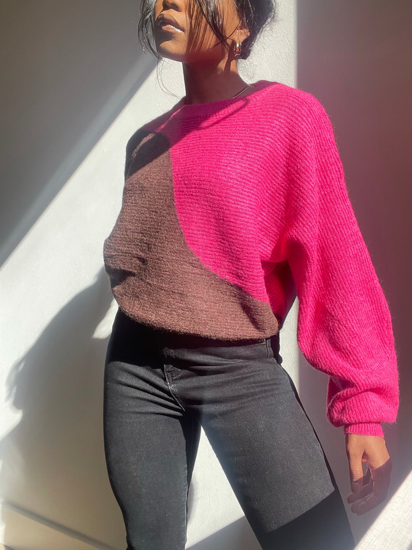 Regina Two Tone Balloon Pullover Sweater In Hot Pink