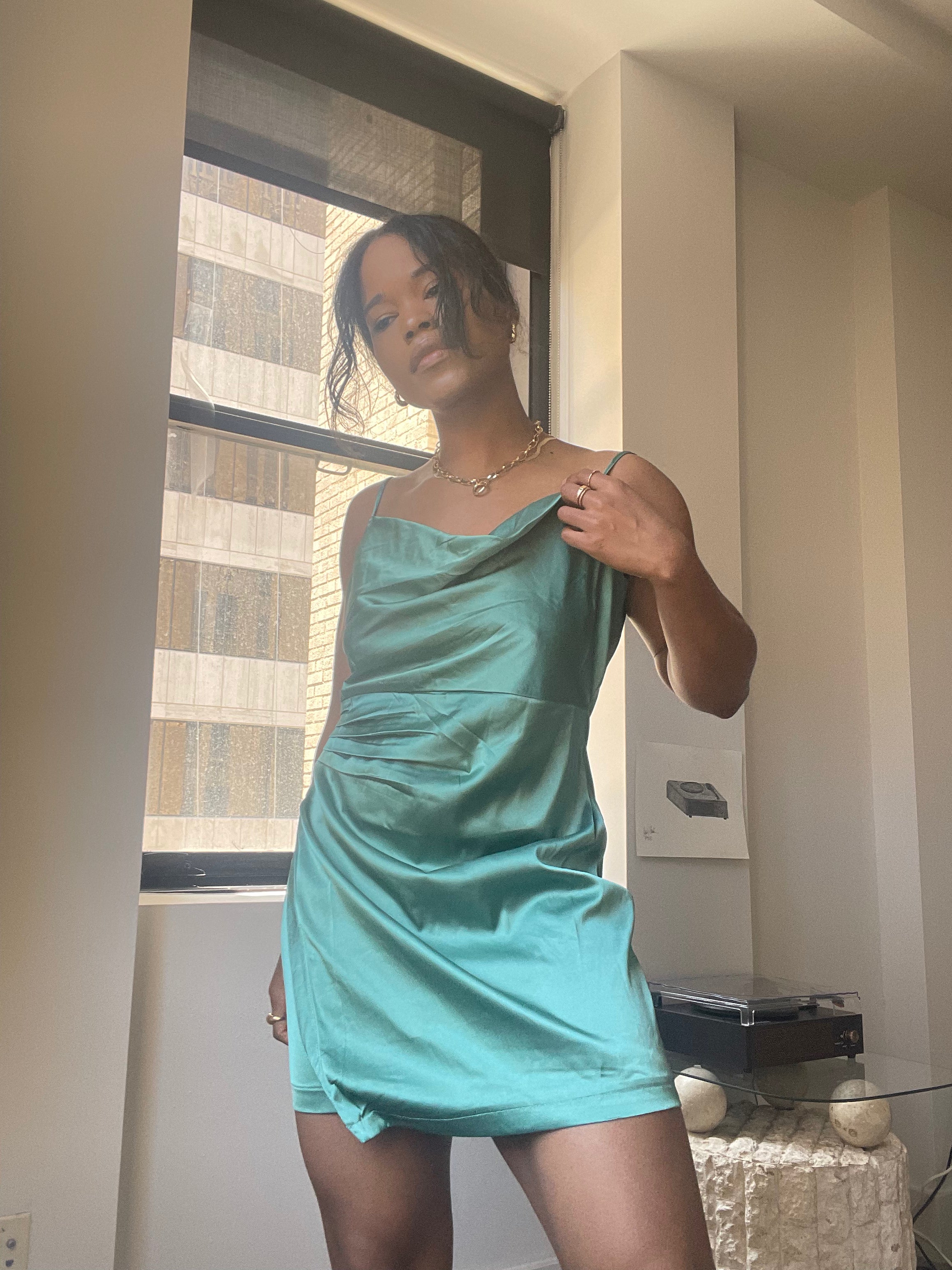 Carol Cowl Neck Mini Dress In Satin Sage K. A. Classics Carol Cowl Neck Mini Dress In Satin Sage K. A. Classics