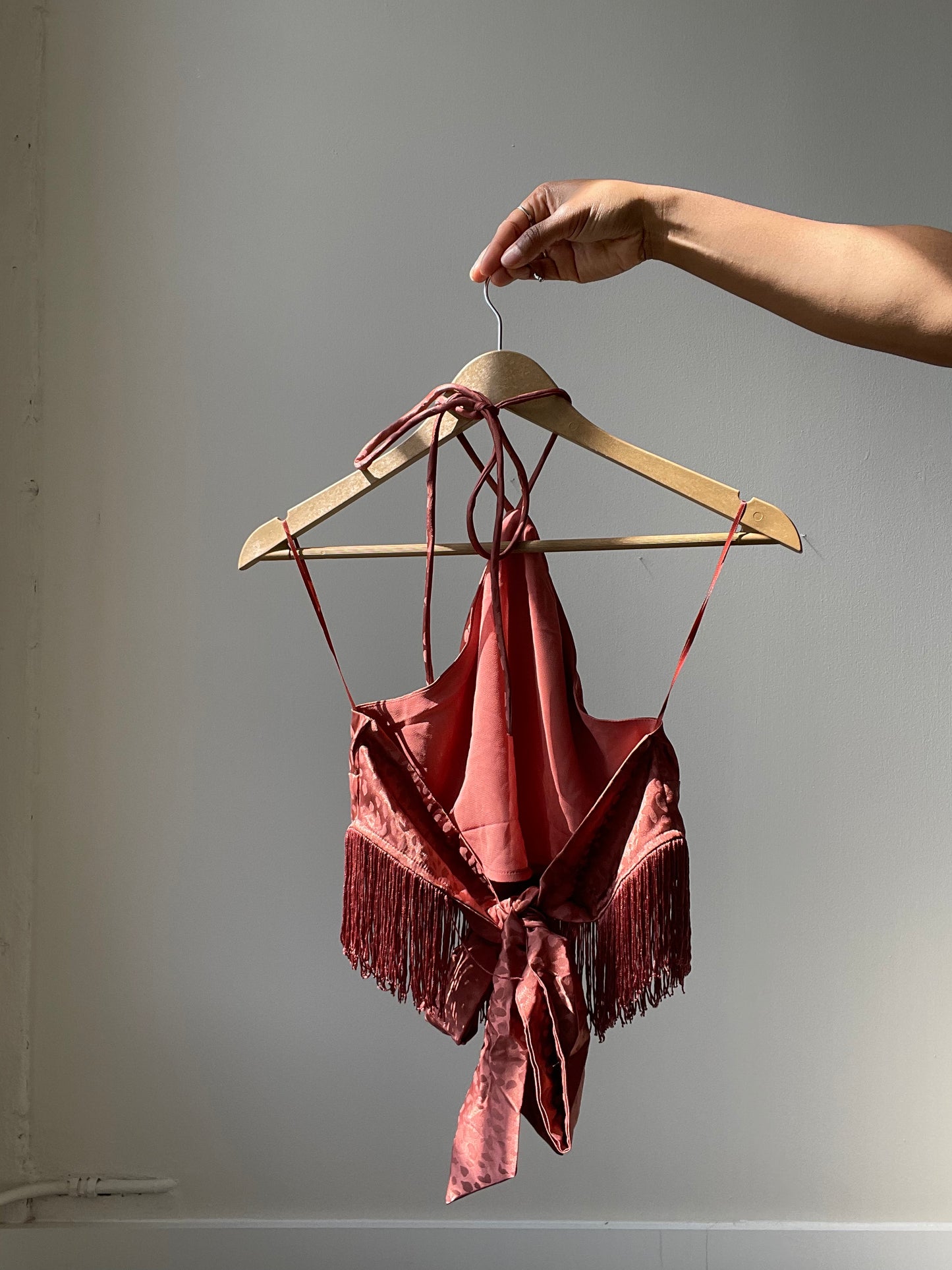 Margaret Fringe Halter Top In Brown Brick