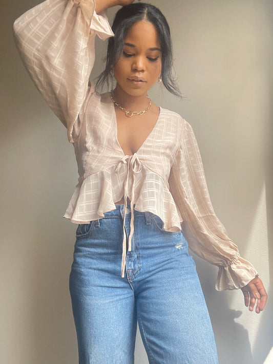 Mable Waffle Puff Sleeve Crop Top In Blush