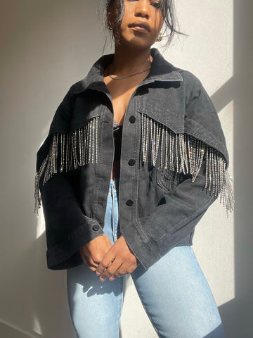 Carmen Fringe Diamond Drip Denim Jacket In Black