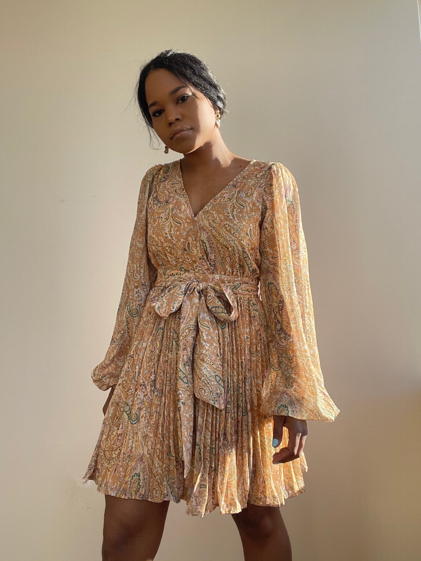 Ginger Pleated Party Dress In Mustard