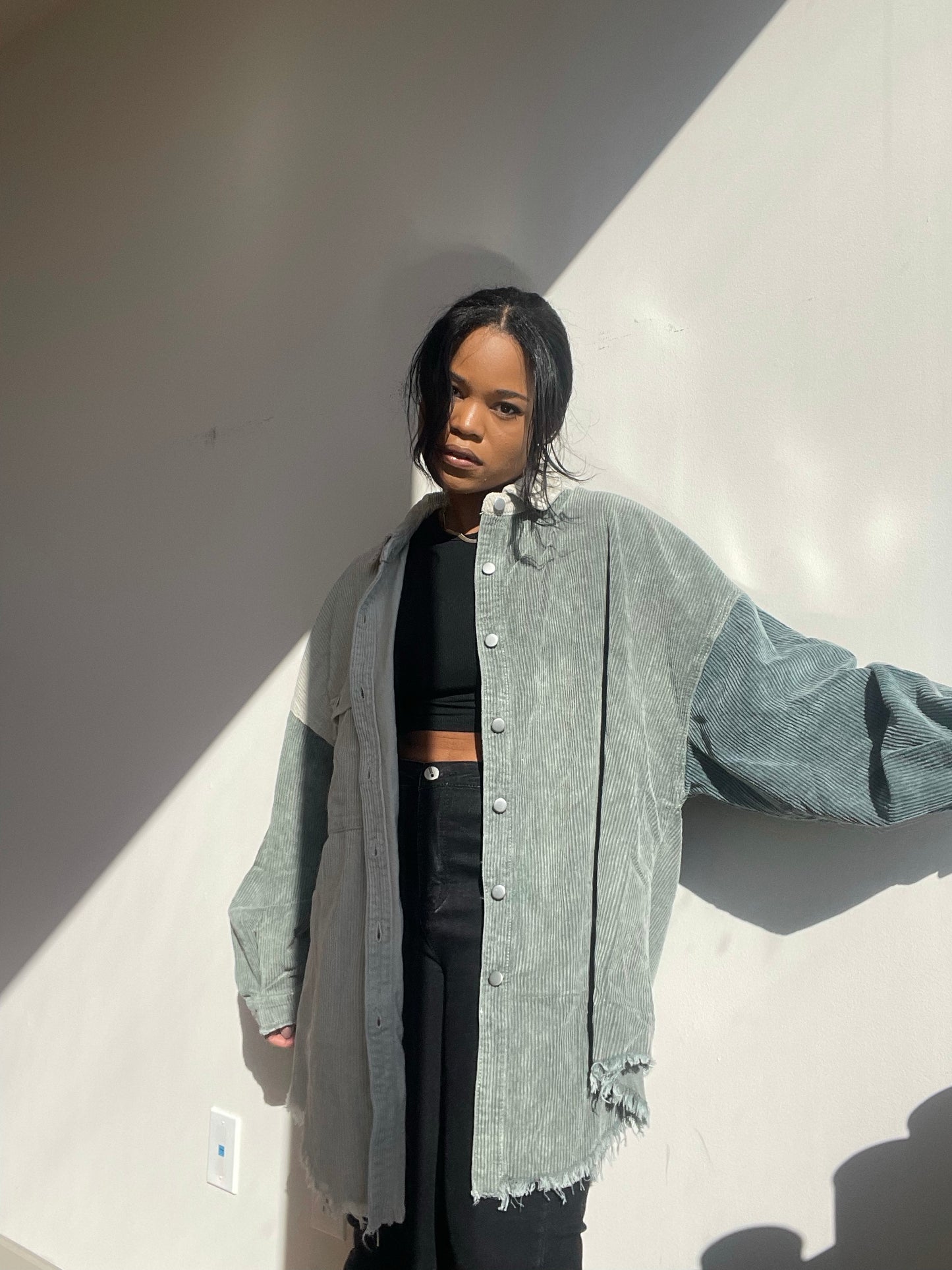 Leigha 90s Color Block Corduroy Jacket In Sage