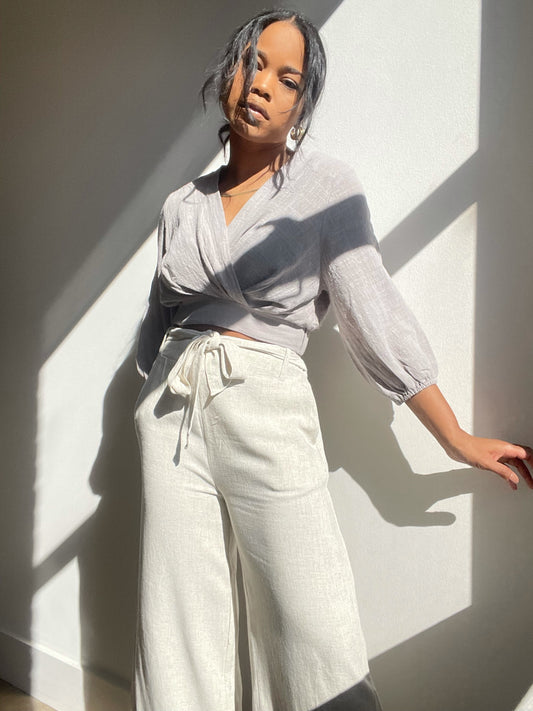 Diana Wrap Front Puff Sleeve Crop Top In Eggplant