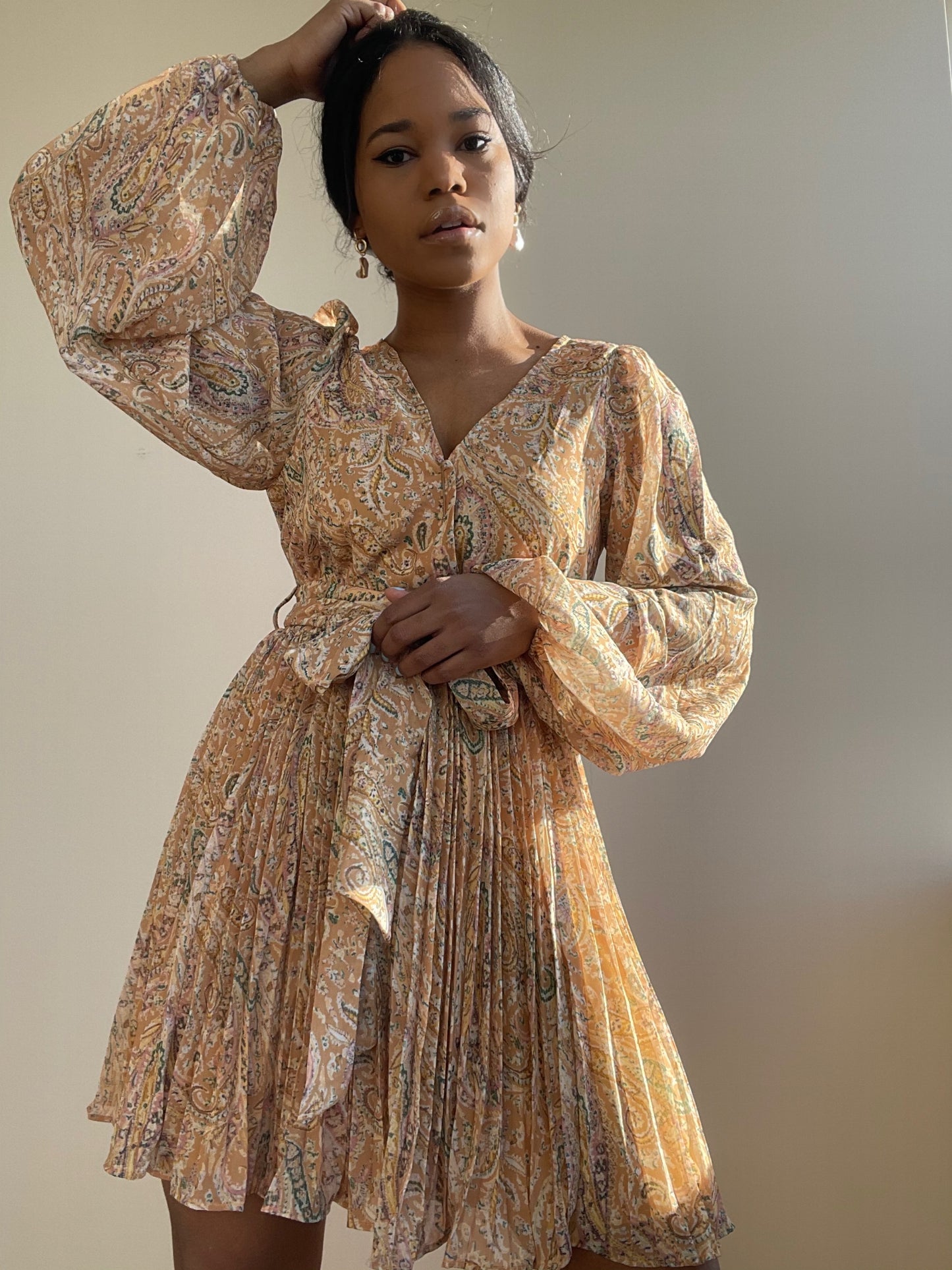 Ginger Pleated Party Dress In Mustard