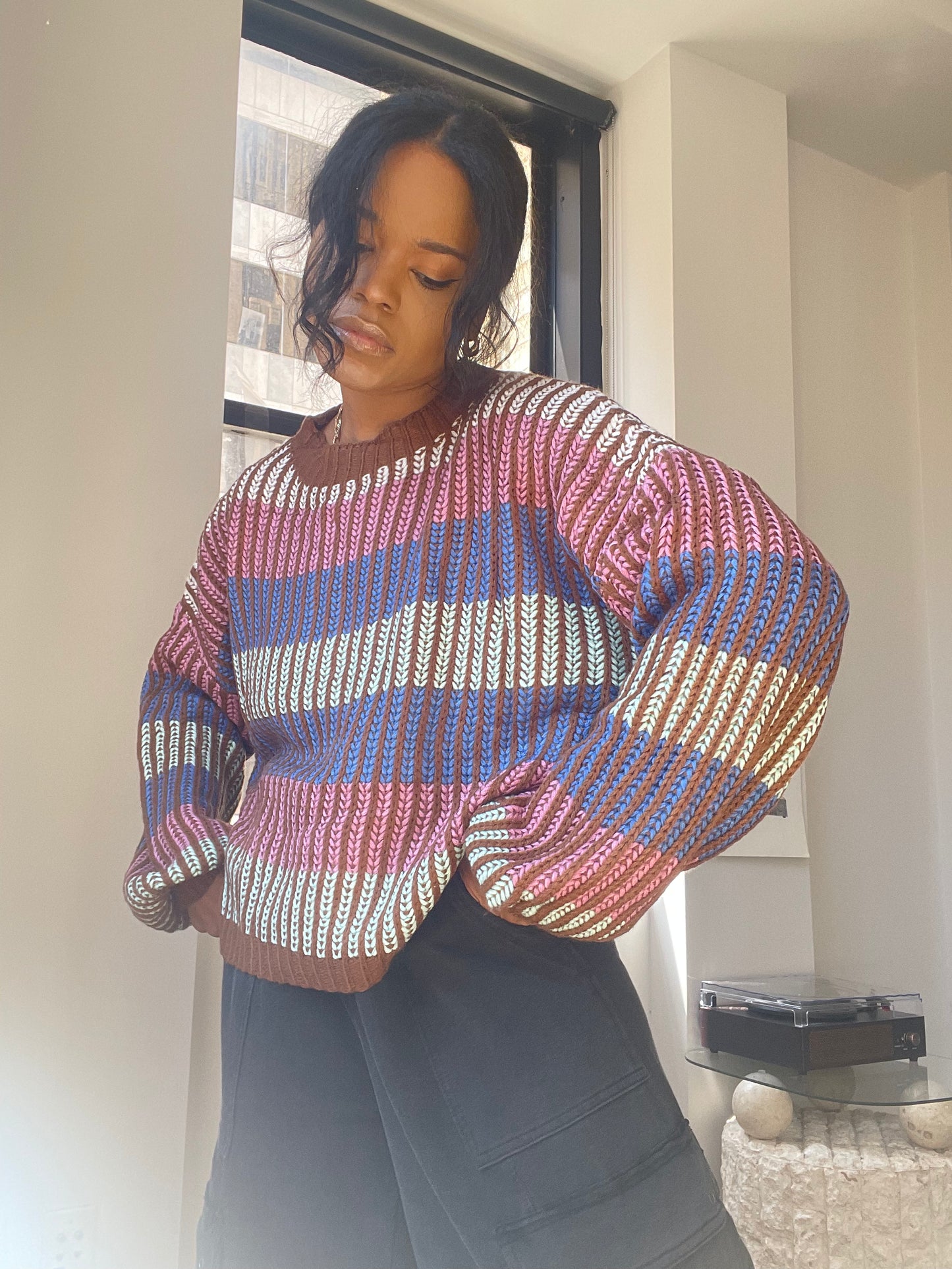 Lori Colorblock Stripped Knit Pullover In Baby Pink