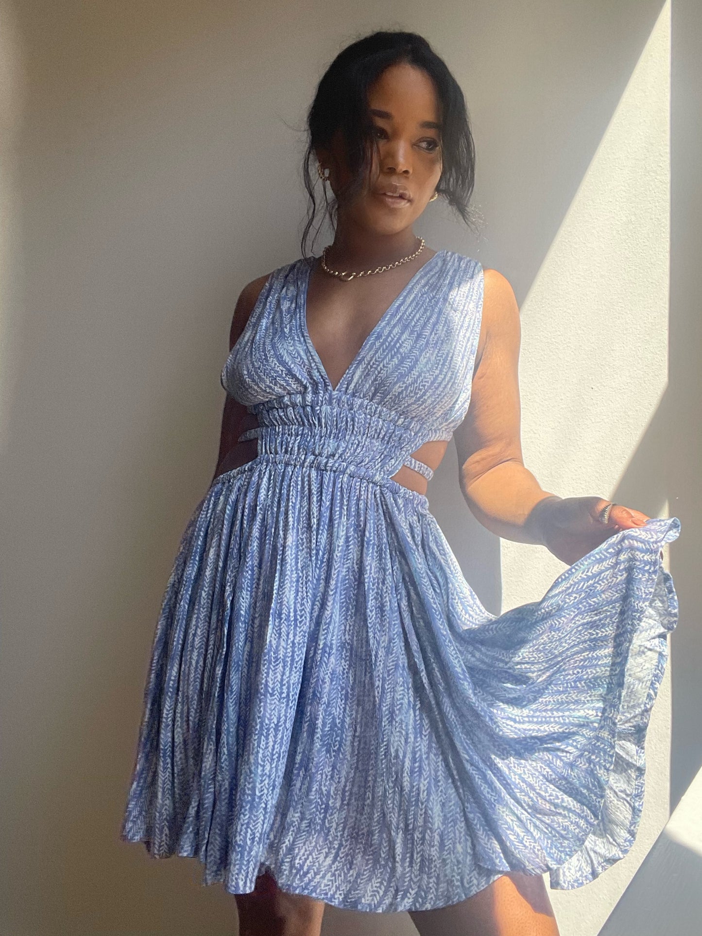 Maryland Open Side & Back Mini Dress In Tribal Blue
