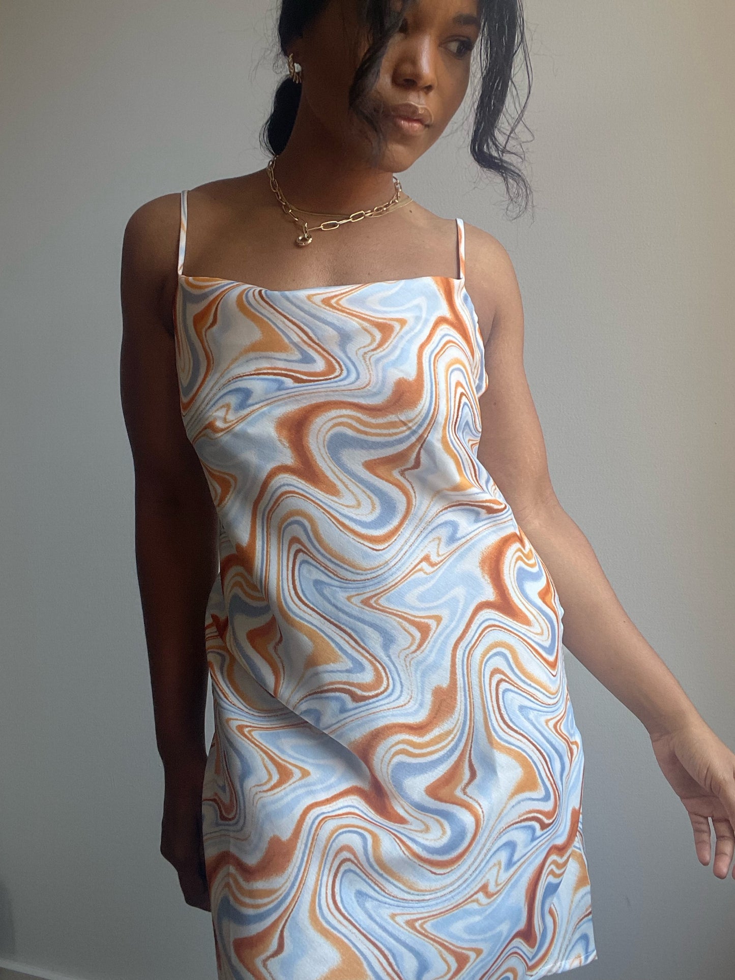 Palestine Swirl Cowl Neck Slip Dress In Blue Tangerine