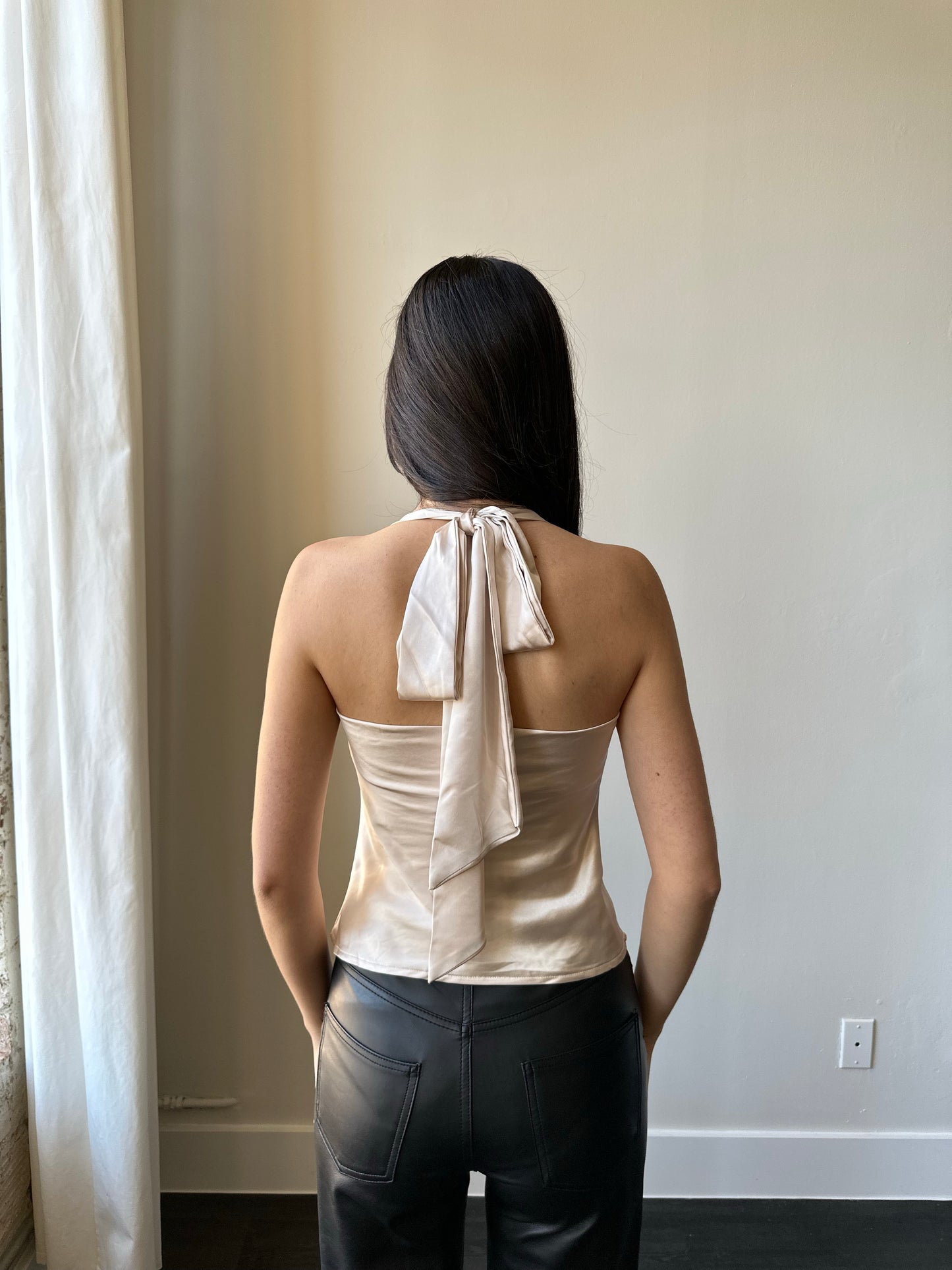 Cheryl Cowl Neck Satin Halter In Champaign