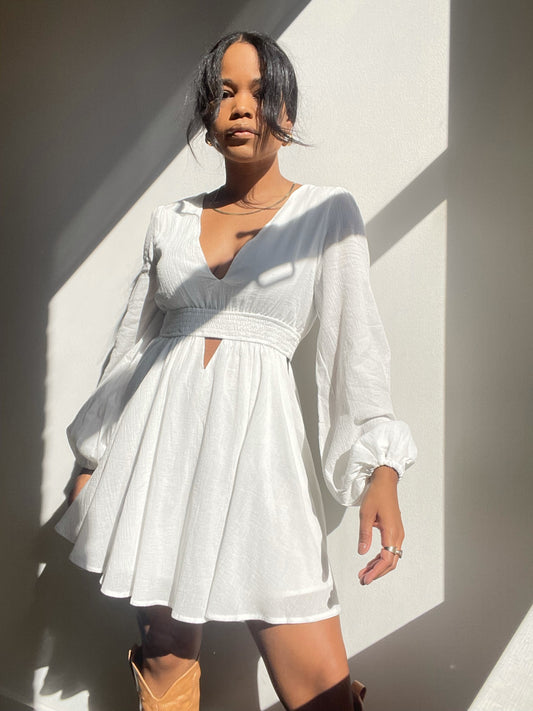Izzie Long Puff Sleepve Cutout Cotton Dress In White