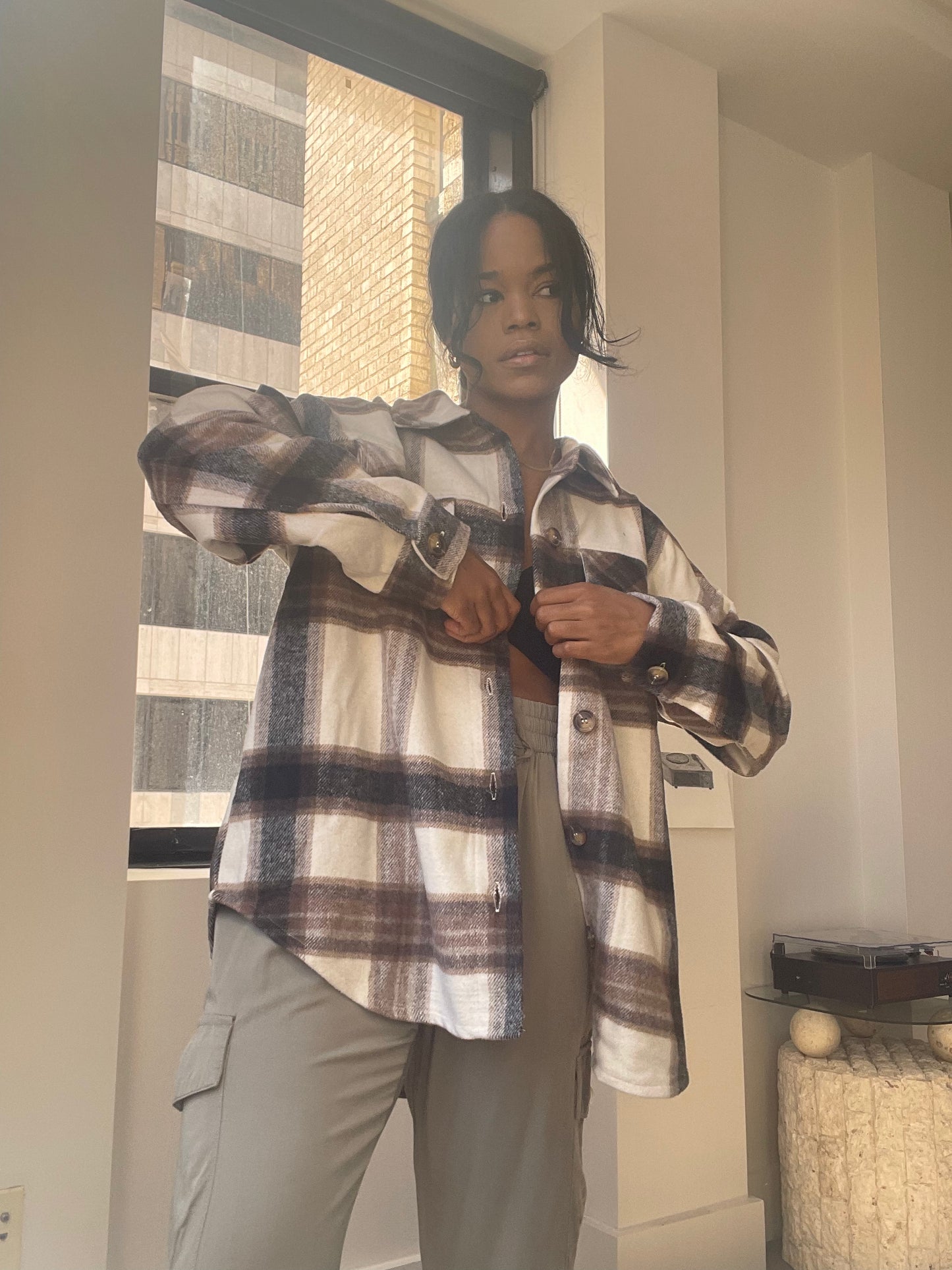 Paige Check Oversized Shacket In Ivory Brown