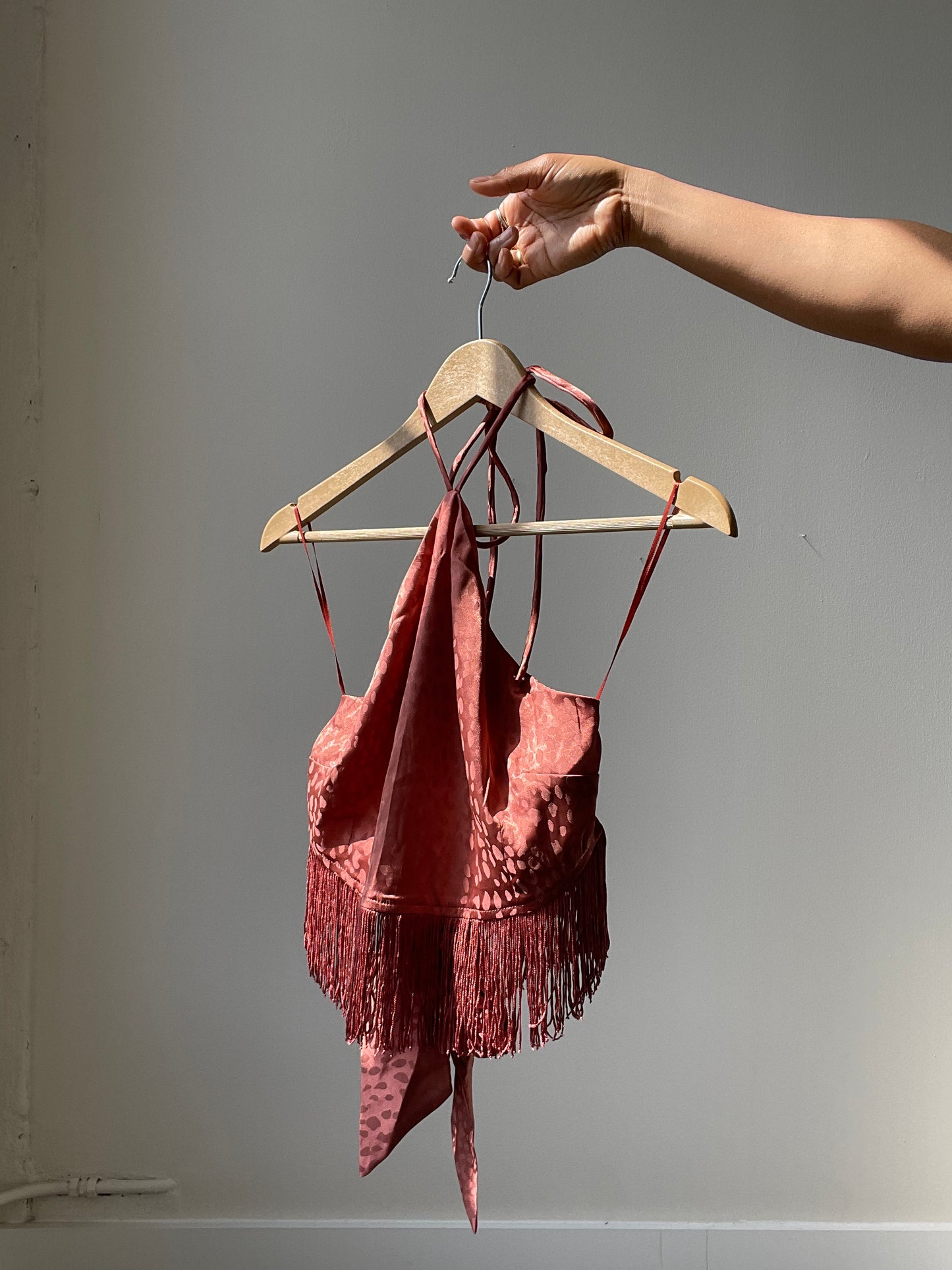 Margaret Fringe Halter Top In Brown Brick