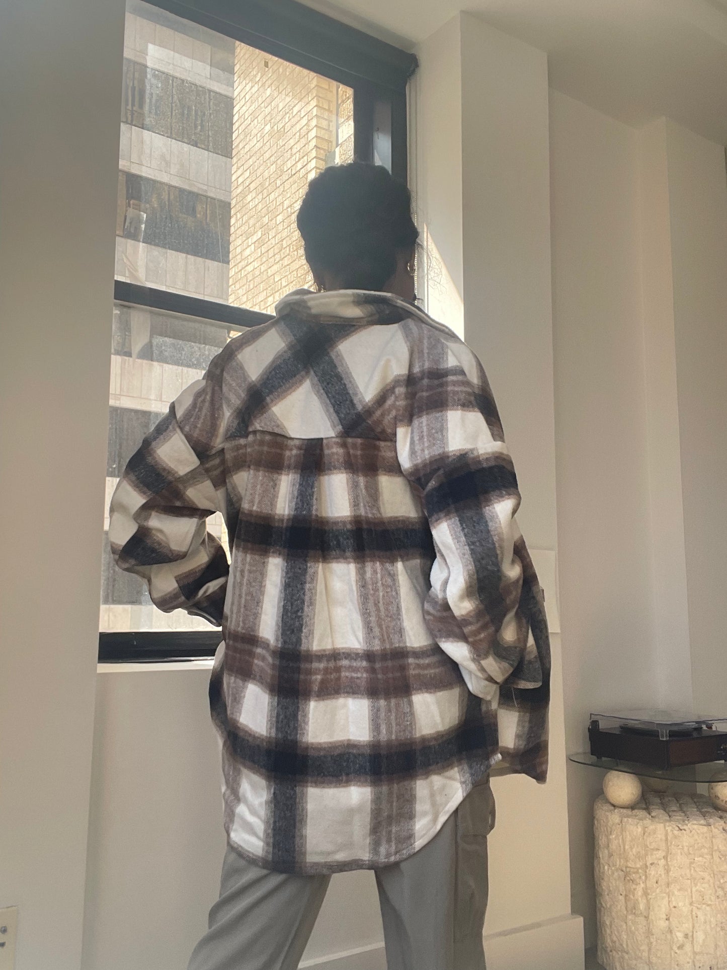 Paige Check Oversized Shacket In Ivory Brown