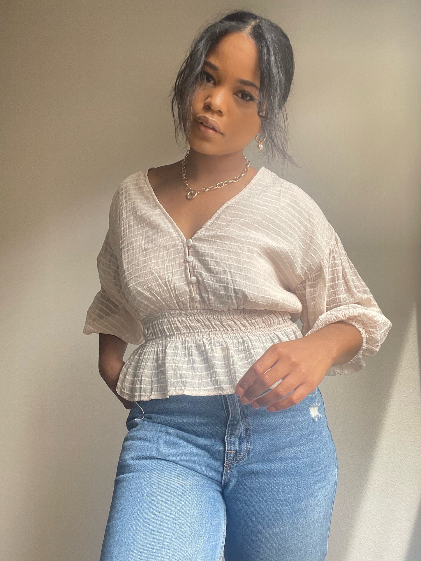 Everly Sheer 3/4 Puff Sleeve Crop Top In Blush