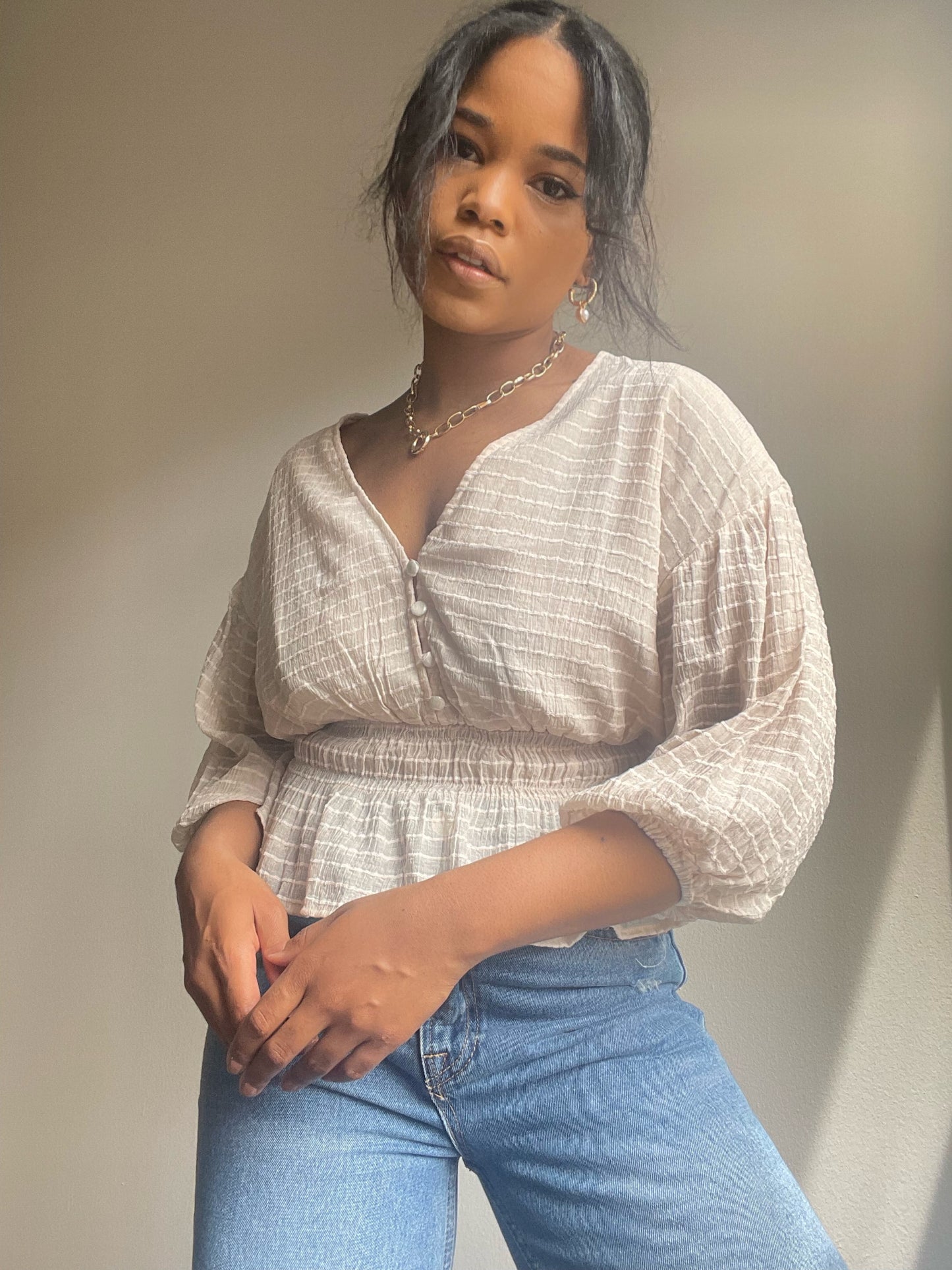 Everly Sheer 3/4 Puff Sleeve Crop Top In Blush