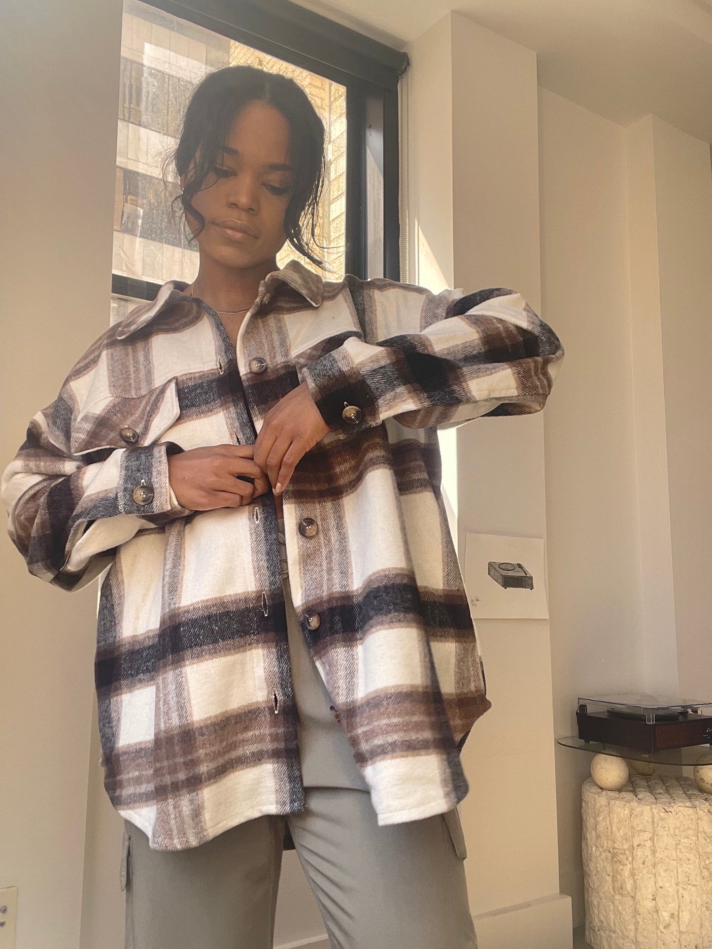 Paige Check Oversized Shacket In Ivory Brown