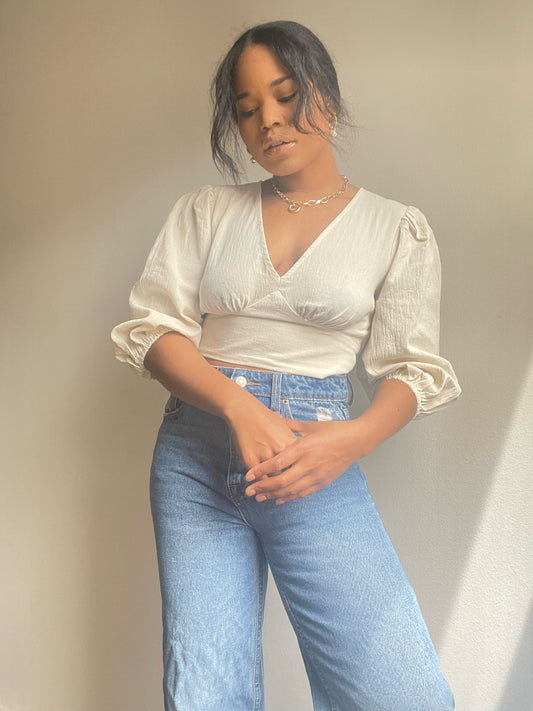 Morgan Puff Sleeve Cotton Open Back Crop Top In Natural