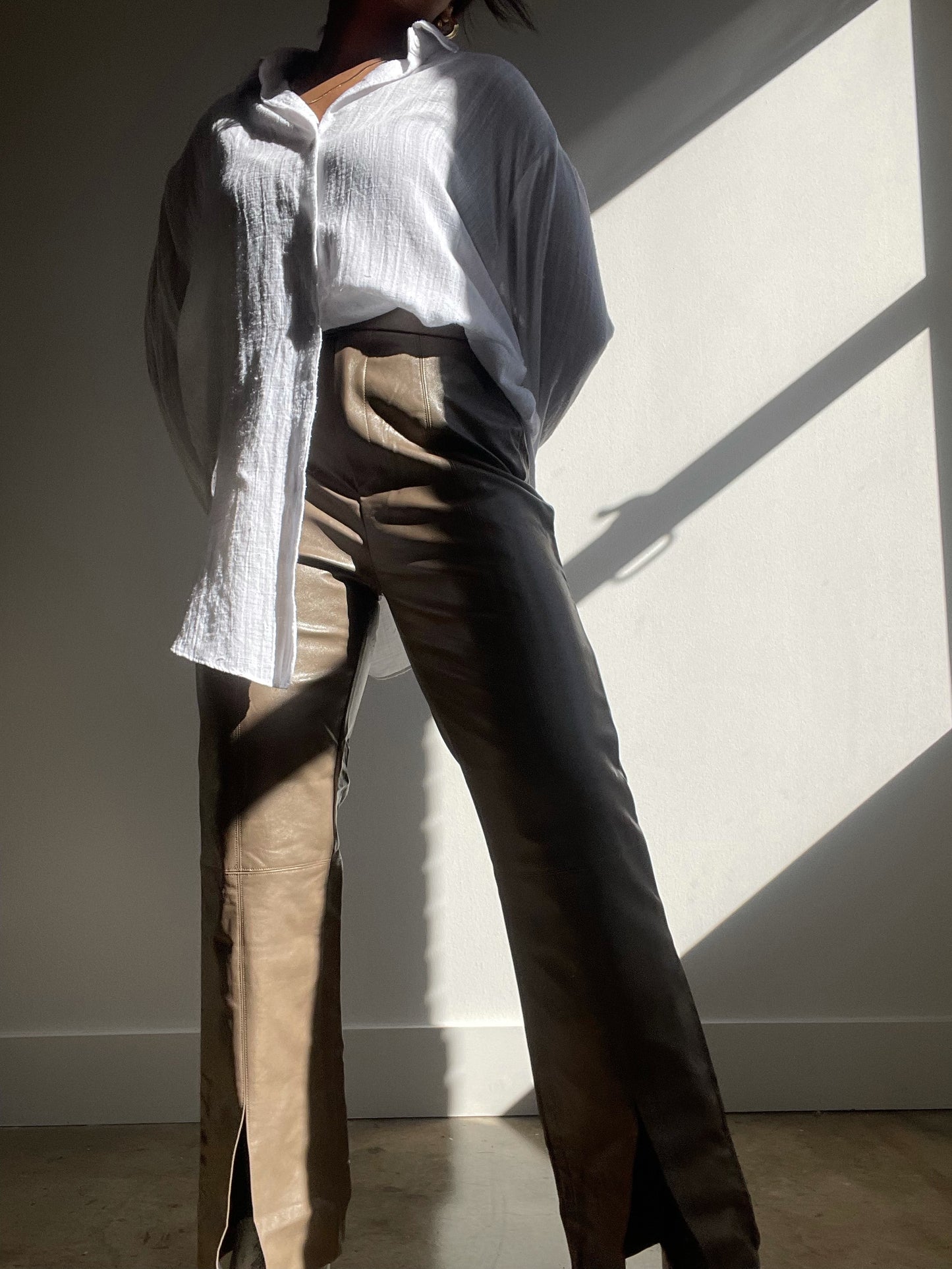 Leila Vegan Leather Split Pants In Taupe