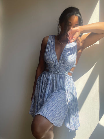 Maryland Open Side & Back Mini Dress In Tribal Blue