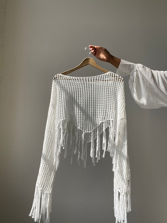 Sagan Cotton Crochet Fringe Long Sleeve Top In White