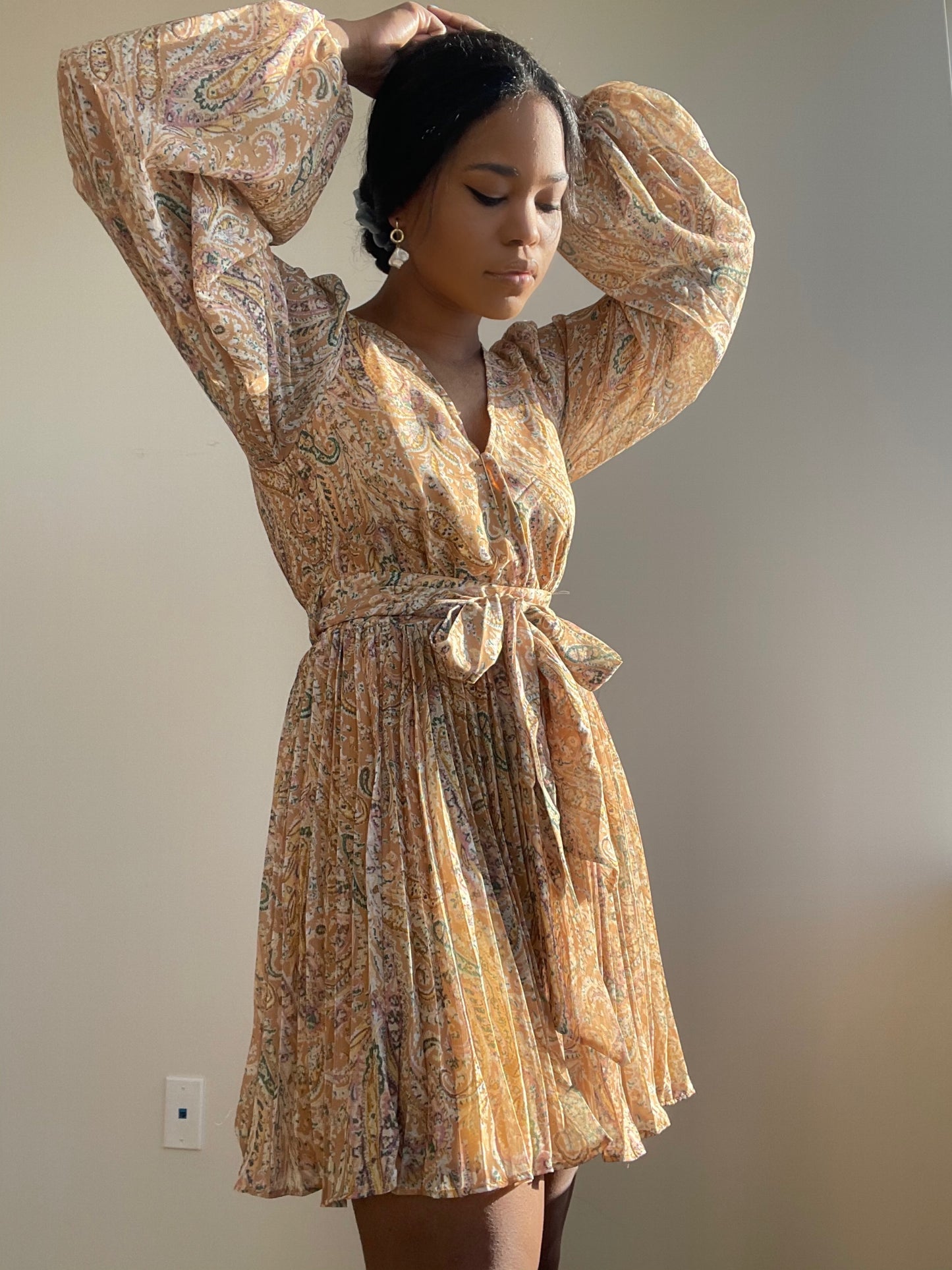 Ginger Pleated Party Dress In Mustard