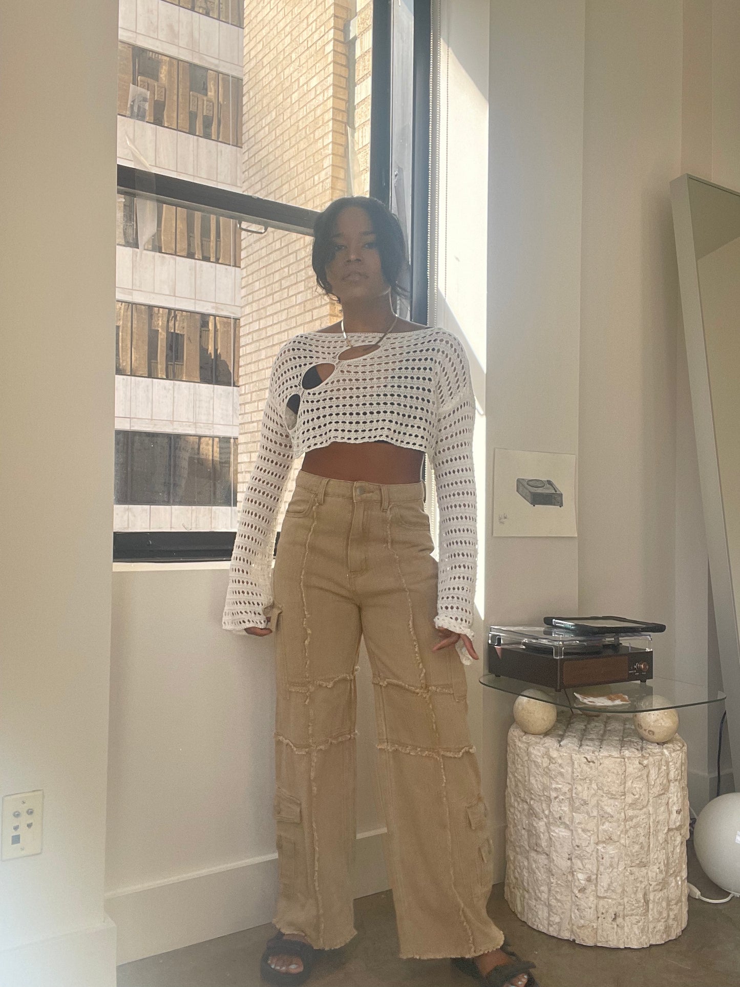 Caroline Cropped Crochet Bell Sleeve Top In White