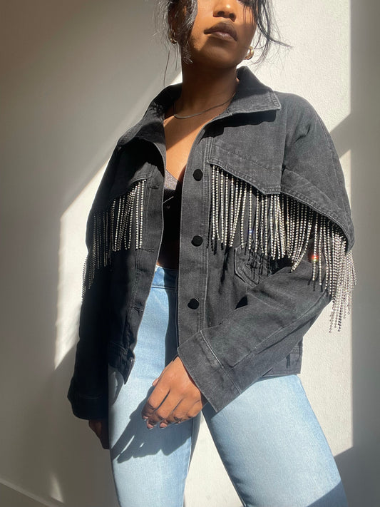 Carmen Fringe Diamond Drip Denim Jacket In Black