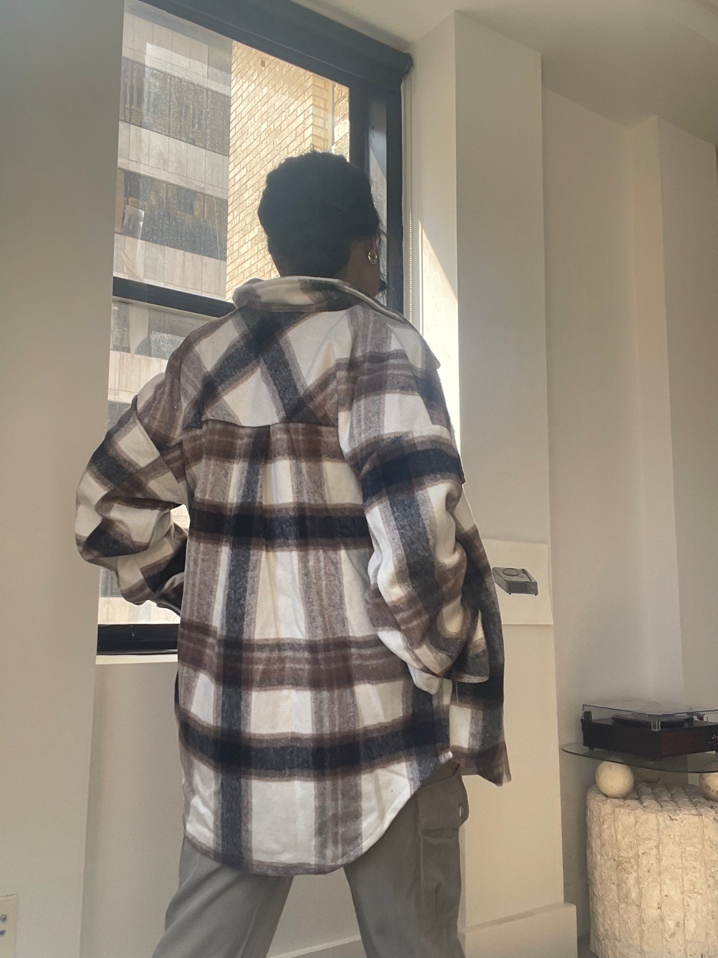 Paige Check Oversized Shacket In Ivory Brown
