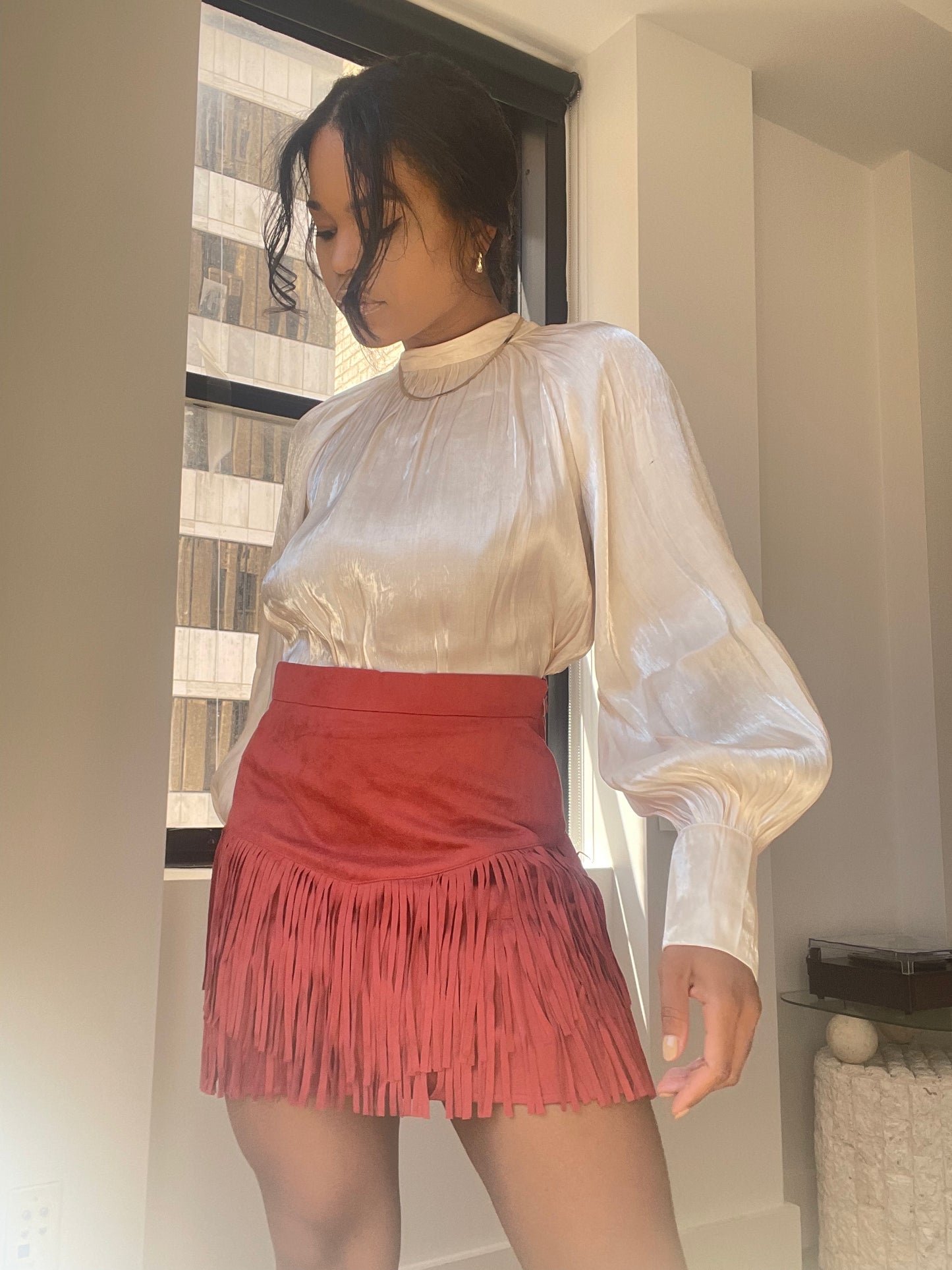 Payton Suede Fringe Mini Skirt In Red Rust