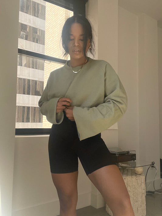 Lina Ultra Crop Crew Neck Bell Sleeve Pullover In Olive