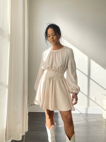 Samantha Balloon Sleeve Smocked Dress In Champaign