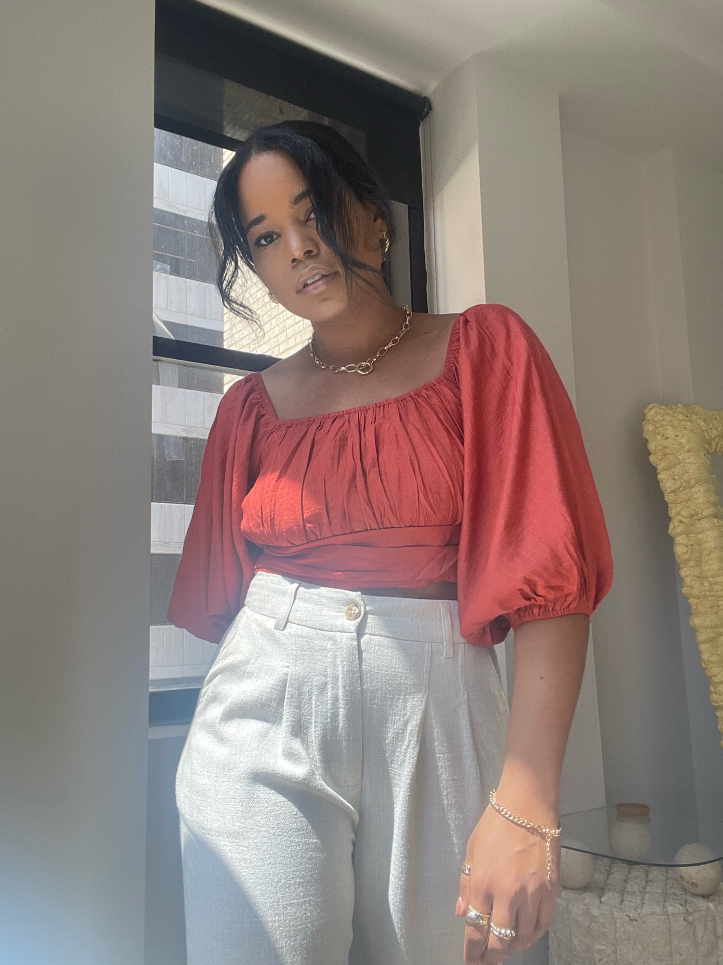 Erika Tie Back 3/4 Puff Crop Top In Rust