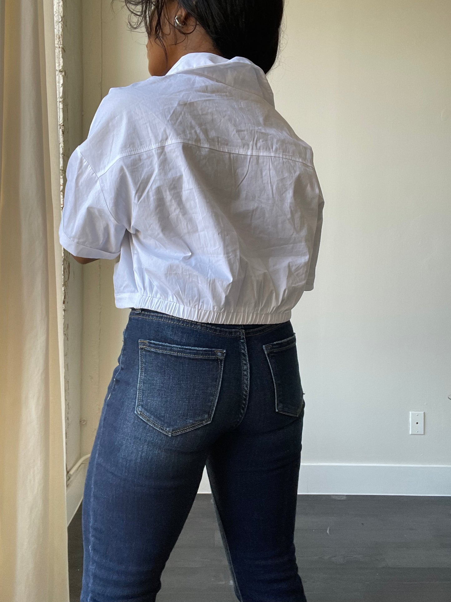 Haley Cotton Open Front Crop Shirt Top In White