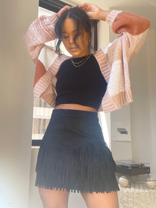 Payton Suede Fringe Mini Skirt In Black