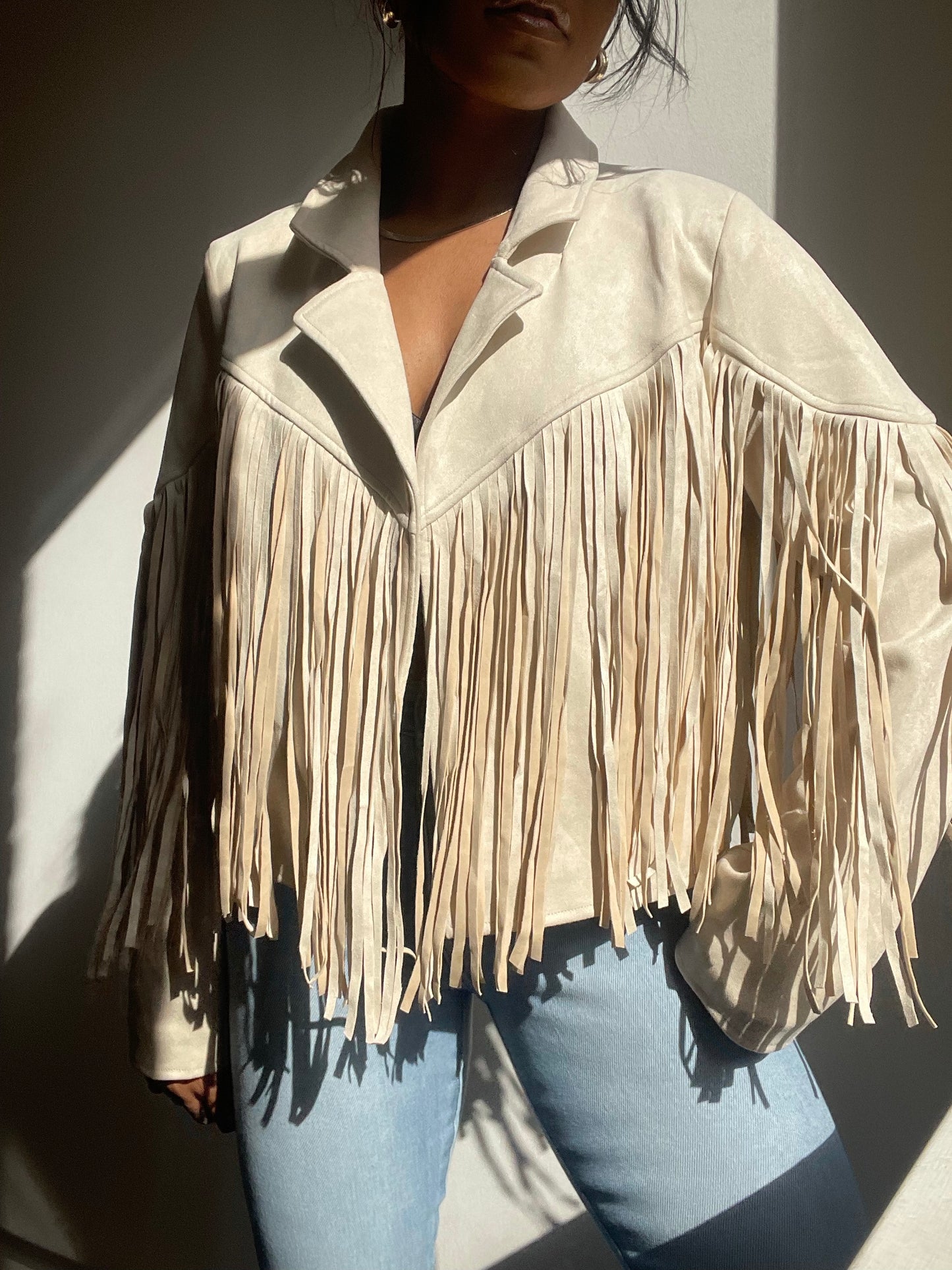 Pattie Vegan Suede Moto Fringe Jacket In Ivory Cream
