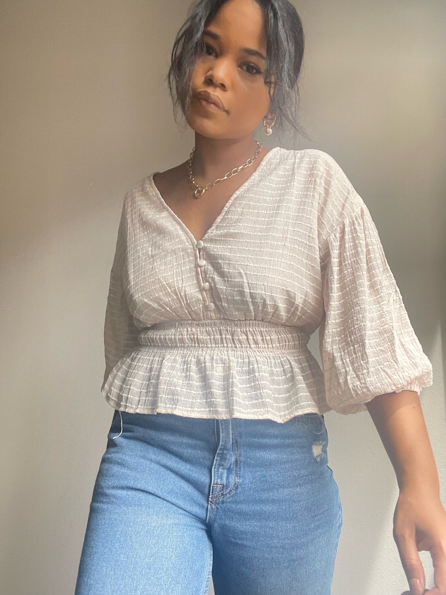 Everly Sheer 3/4 Puff Sleeve Crop Top In Blush