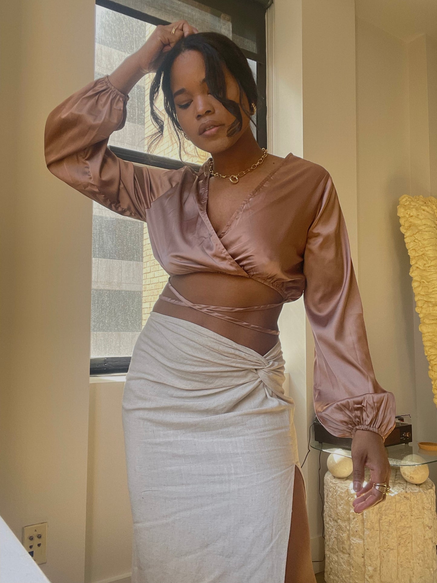 Charlie Cross Front Long Sleeve Strap Crop Top In Toast