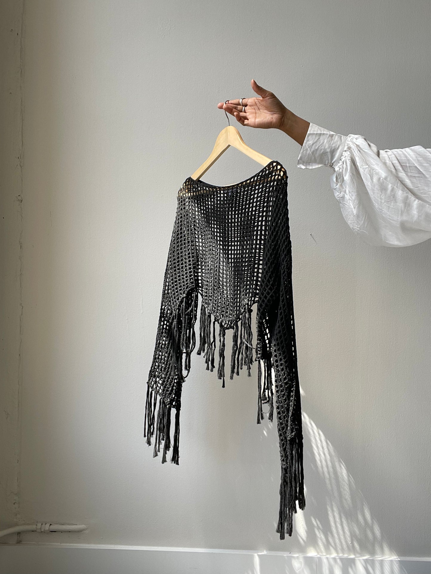 Sagan Crochet Cotton Fringe Long Sleeve Top In Black